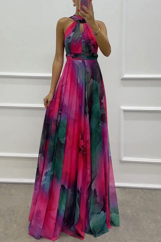 Elaine – Tule maxi-jurk met bloemenprint, cut-outs & halternek